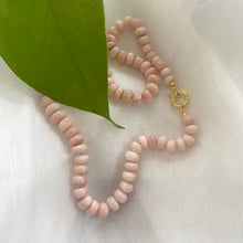 Load image into Gallery viewer, Graduated pink smooth opal candy necklace 8-11mm with gold vermeil plated sterling silver marine closure, measuring 18.5 inches. This modern opal jewelry piece features soft pink tones and is a perfect gift for her.
