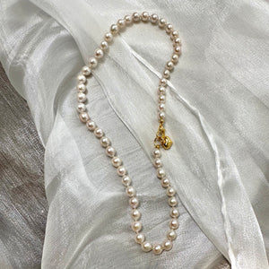 Classic White Pearl Necklace 7-8 mm, GV Heart Charm, 18"– Handmade in Canada