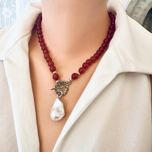 Red Agate Toggle Necklace & Baroque Pearl Pendant, 14K GF & Gold Bronze, 18.5"