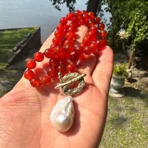 Red Agate Toggle Necklace & Baroque Pearl Pendant, 14K GF & Gold Bronze, 18.5"