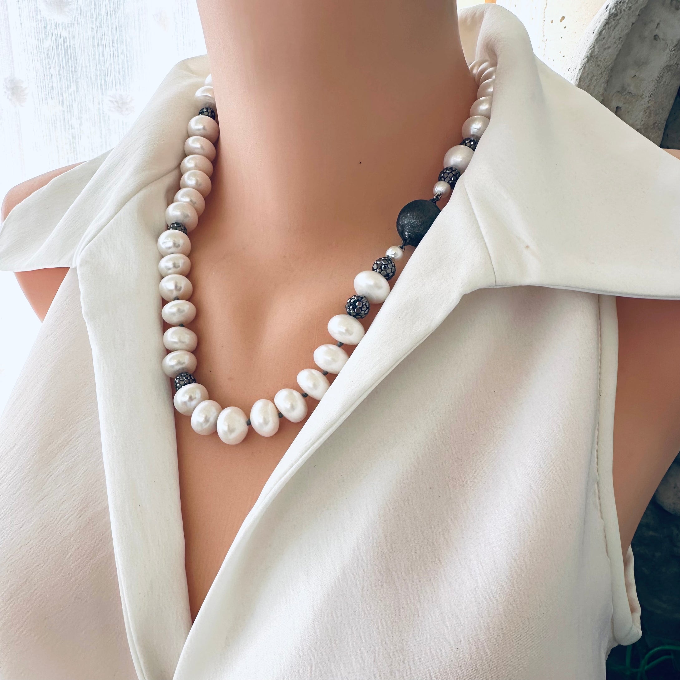 White Button Pearl Necklace, Rhinestone Beads