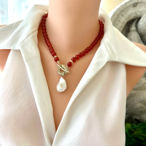 Red Agate Toggle Necklace & Baroque Pearl Pendant, 14K GF & Gold Bronze, 18.5"