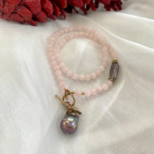 Rose Quartz Toggle Necklace & Black Baroque Pearl Pendant, Gold Bronze, 17.5" – Handmade in Canada
