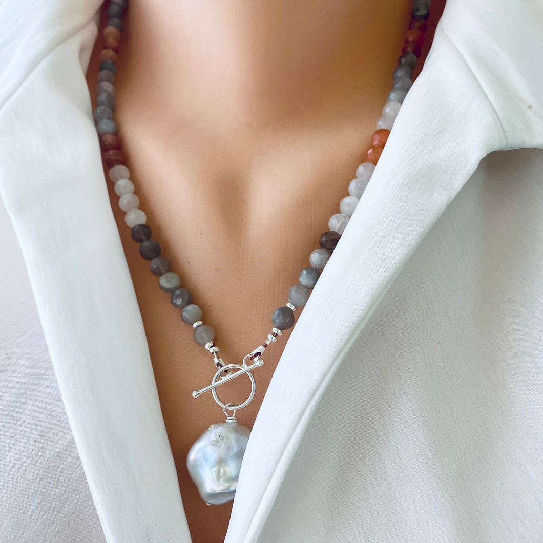 Mix Moonstone, Labradorite, Sunstone Toggle Necklace, baroque Pearl Pendant, Silver Details, 21