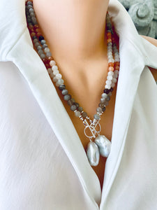 Mix Moonstone, Labradorite, Sunstone Toggle Necklace, baroque Pearl Pendant, Silver Details, 21" inches