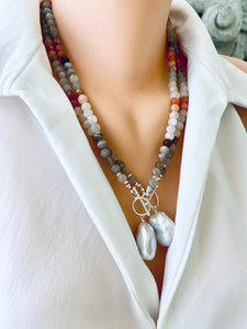 Mix Moonstone, Labradorite, Sunstone Toggle Necklace, baroque Pearl Pendant, Silver Details, 21" inches