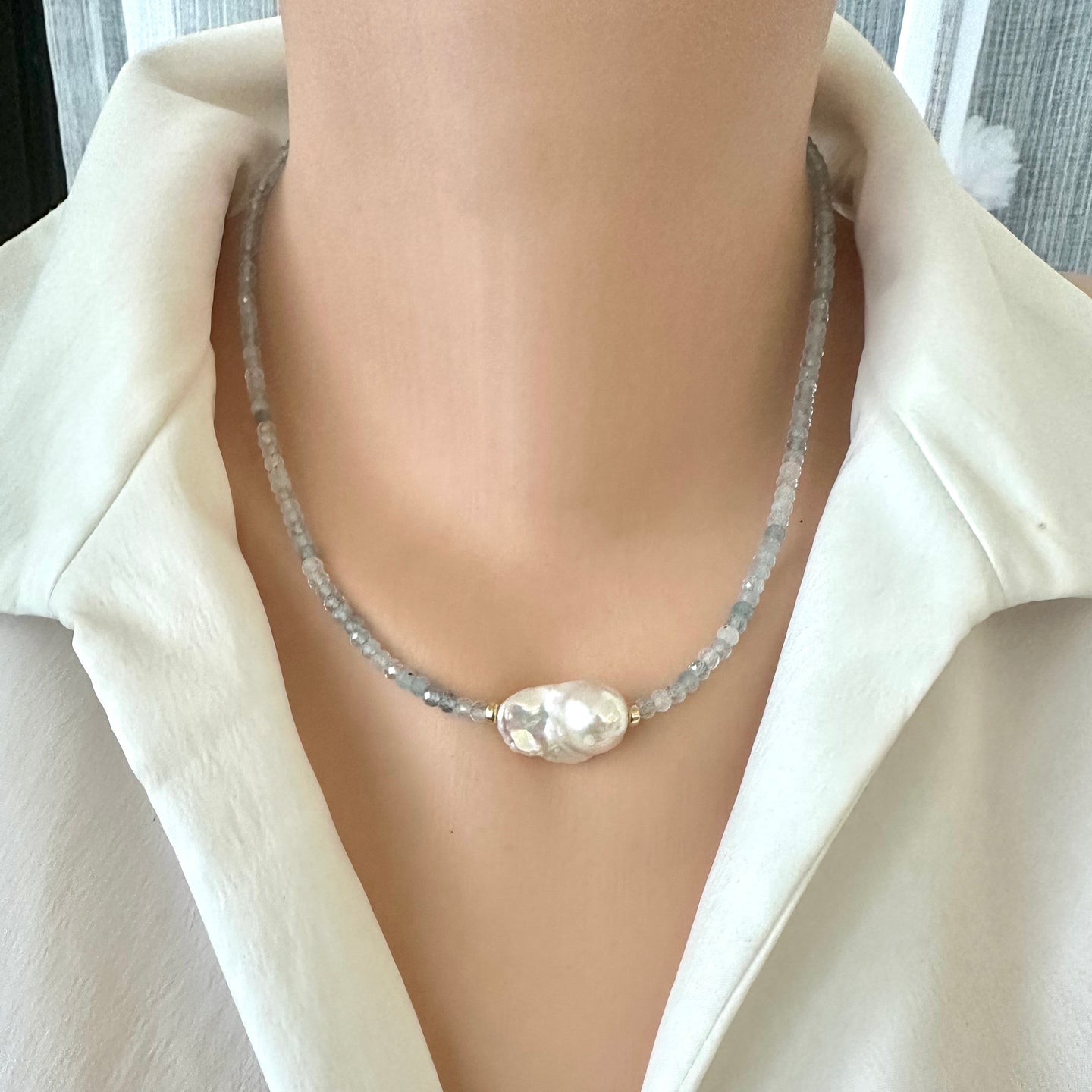 Aquamarine & Baroque Pearl Necklace, 14K GF, 17.5
