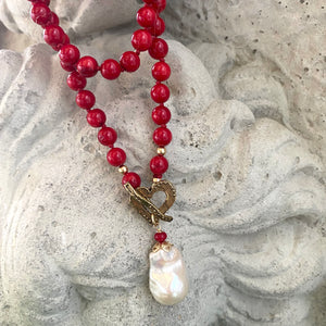 Red Bamboo Coral & White Baroque Pearl Necklace, Gold Filled & Gold Bronze, 18.5"in