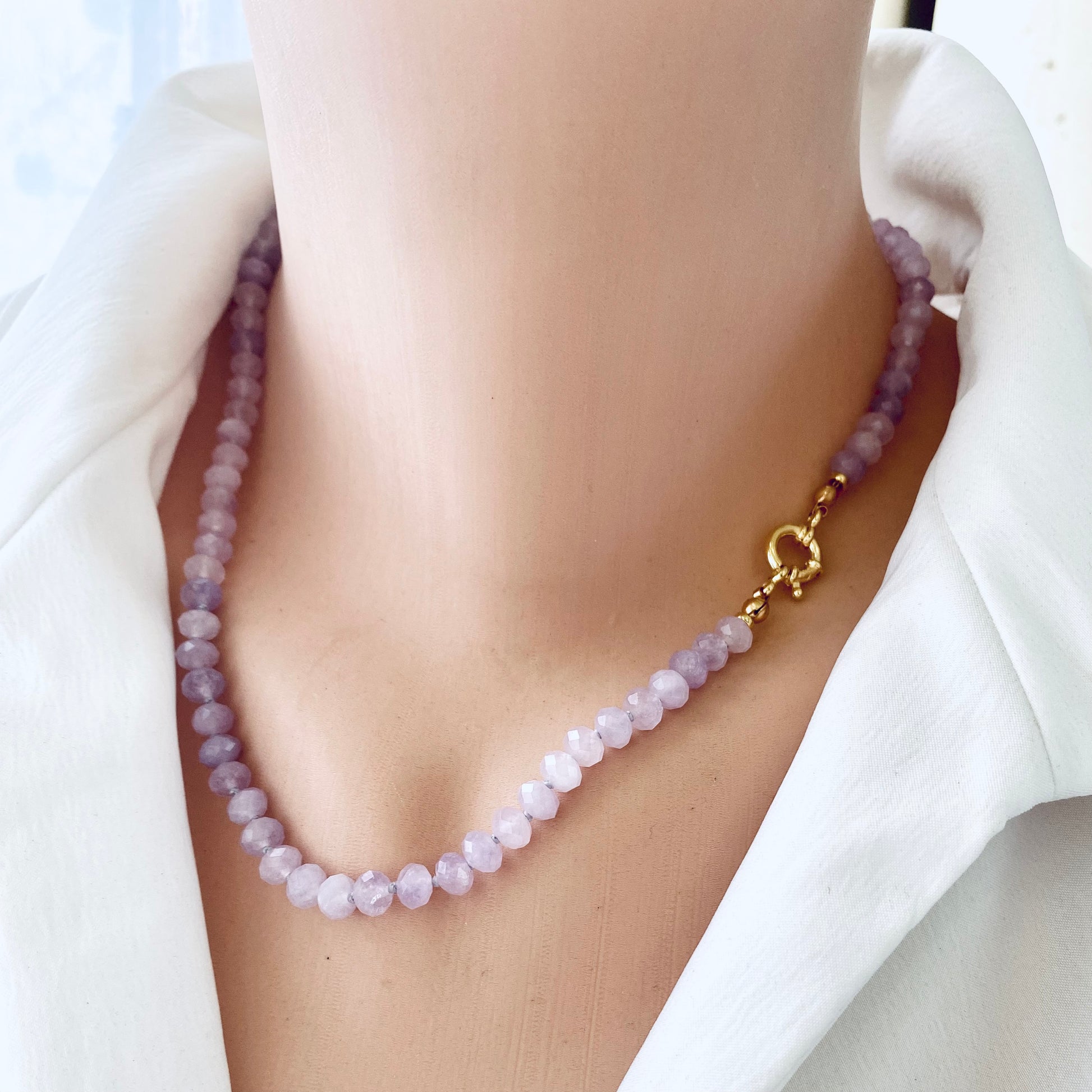 Lavender amethyst baroque pearl necklace displayed on a model, featuring faceted light-purple Amethyst beads.