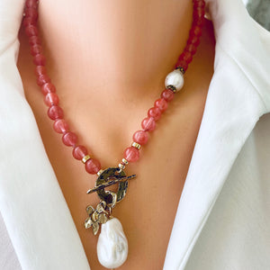 Hand Knotted Cherry Quartz & Baroque Pearls Necklace, Gold Bronze, 18.5"in