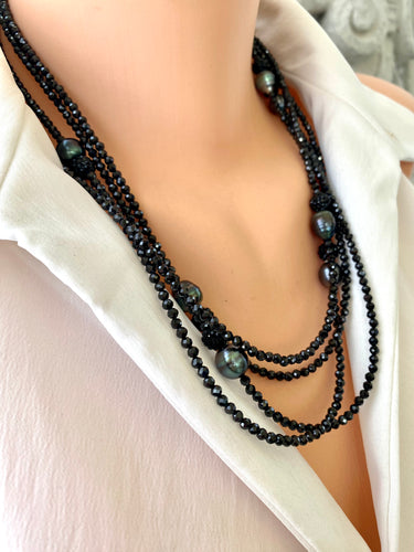 2 Black Spinel and Tahitian Baroque Pearls Long Beaded Necklaces, in 41