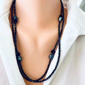 Black Spinel and Tahitian Baroque Pearls Long Beaded Necklace, in 41" or 44"inches 