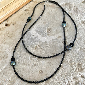 Black Spinel and Tahitian Baroque Pearls Long Beaded Necklace, in 41" or 44"inches 