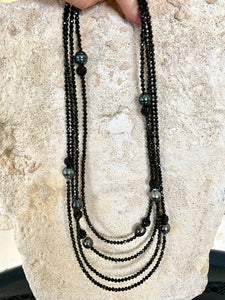 2 Black Spinel and Tahitian Baroque Pearls Long Beaded Necklaces, in 41" and 44"inches 