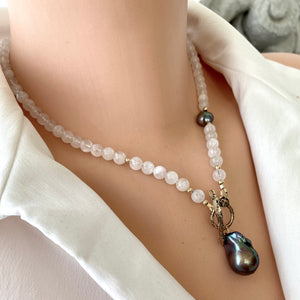 White Moonstone & Black Baroque Pearl Necklace, Gold Bronze 18"in, June Birthstone