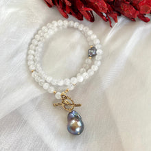 Load image into Gallery viewer, White Moonstone &amp; Black Baroque Pearl Necklace, Gold Bronze 18&quot;in, June Birthstone
