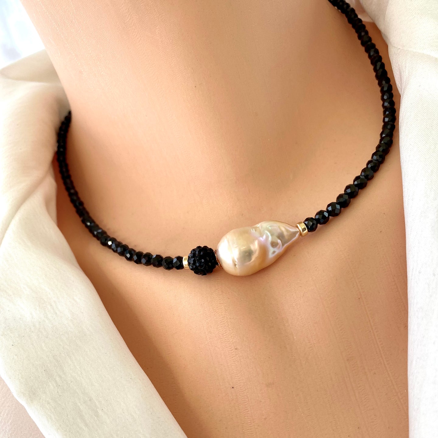 Festive Black Spinel and Golden Pink Baroque Pearl Beaded Necklace with Gold Filled Details, 17.5