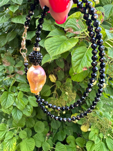 Festive Black Spinel & Golden Pink Baroque Pearl Necklace, 14K GF, 17.5"
