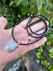 Black Spinel and White Baroque Pearl Pendant Necklace, GV, 23"