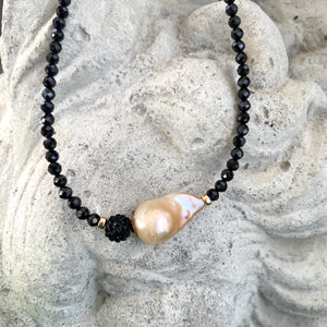 Festive Black Spinel and Golden Pink Baroque Pearl Beaded Necklace with Gold Filled Details, 17.5"in