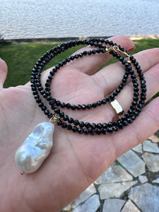 Black Spinel and White Baroque Pearl Pendant Necklace, GV, 23"