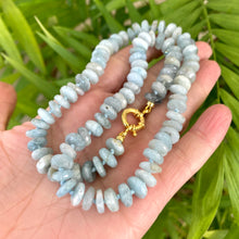 Cargar imagen en el visor de la galería, Hand-knotted candy necklace featuring faceted aquamarine rondelle beads with a gold vermeil plated silver marine closure. Available in 18.5 or 21.5 inches, this elegant piece is a perfect March birthstone gift for her.
