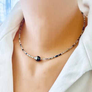 Natural Mix Stones Gemstone Multi Color Necklace & Tahitian Pearl, 14K GF, 16.5"