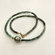 Cargar imagen en el visor de la galería, Green Emerald and Tahitian Baroque Pearl Necklace, Gold Filled, 18.5&quot;inches, May Birthstone
