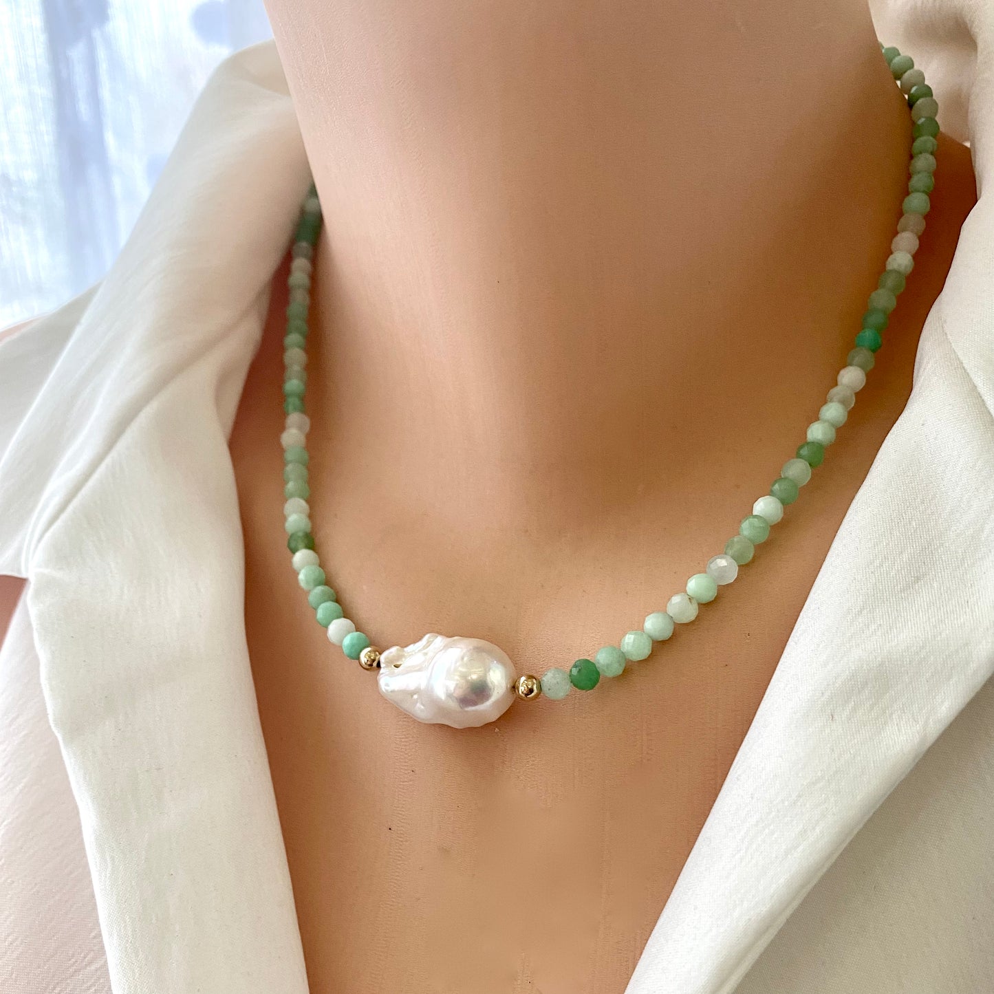 Chrysoprase Pearl Necklace with Baroque Pearl, featuring green chrysoprase beads and a unique freshwater baroque pearl.