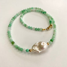 Carica l&#39;immagine nel visualizzatore di Gallery, Stunning shaded light green  Necklace featuring faceted Chrysoprase round beads and a Large White Baroque Pearl centerpiece. A beautiful Gift For Her. Crafted with gold filled, the necklace measures 17.5 inches in length
