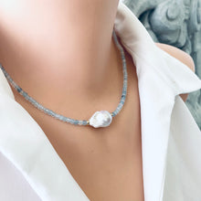 Charger l&#39;image dans la galerie, Aquamarine and Baroque Pearl Beaded Necklace, Gold Filled, March Birthstone, 16&quot;inches

