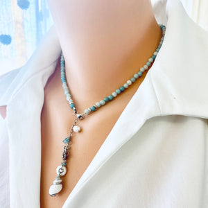 Light shaded blue Amazonite beaded necklace, Heart, pearl and seashell charms. Sterling Silver, 16"inches long