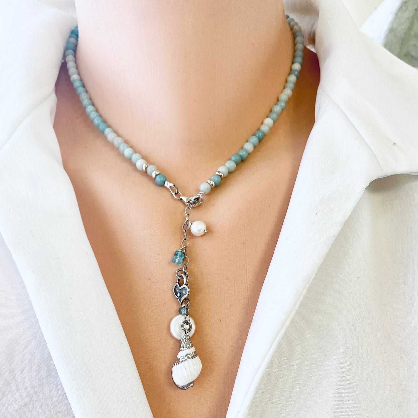 Amazonite pearl necklace on mannequin showing shell pendant detail