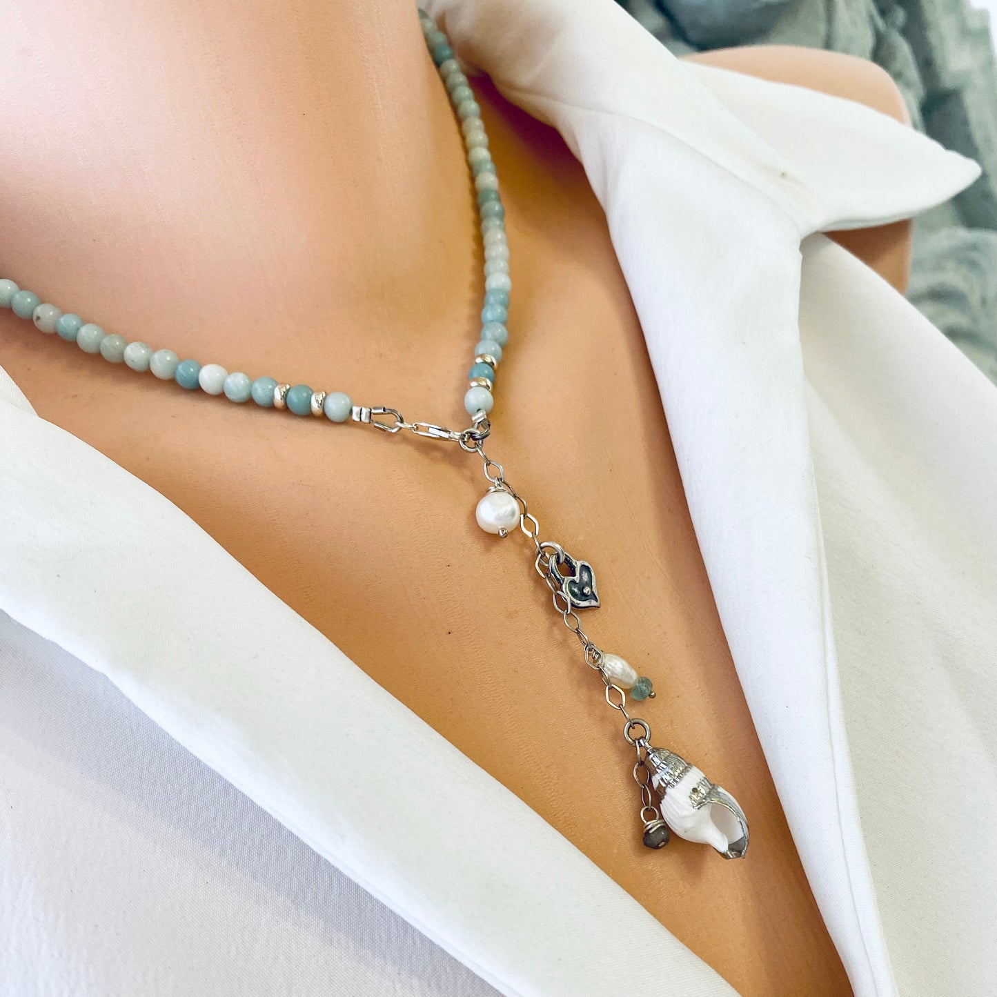 Amazonite pearl necklace worn on mannequin, close-up side angle