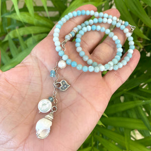 Light shaded blue Amazonite beaded necklace, Heart, pearl and seashell charms. Sterling Silver, 16"inches long