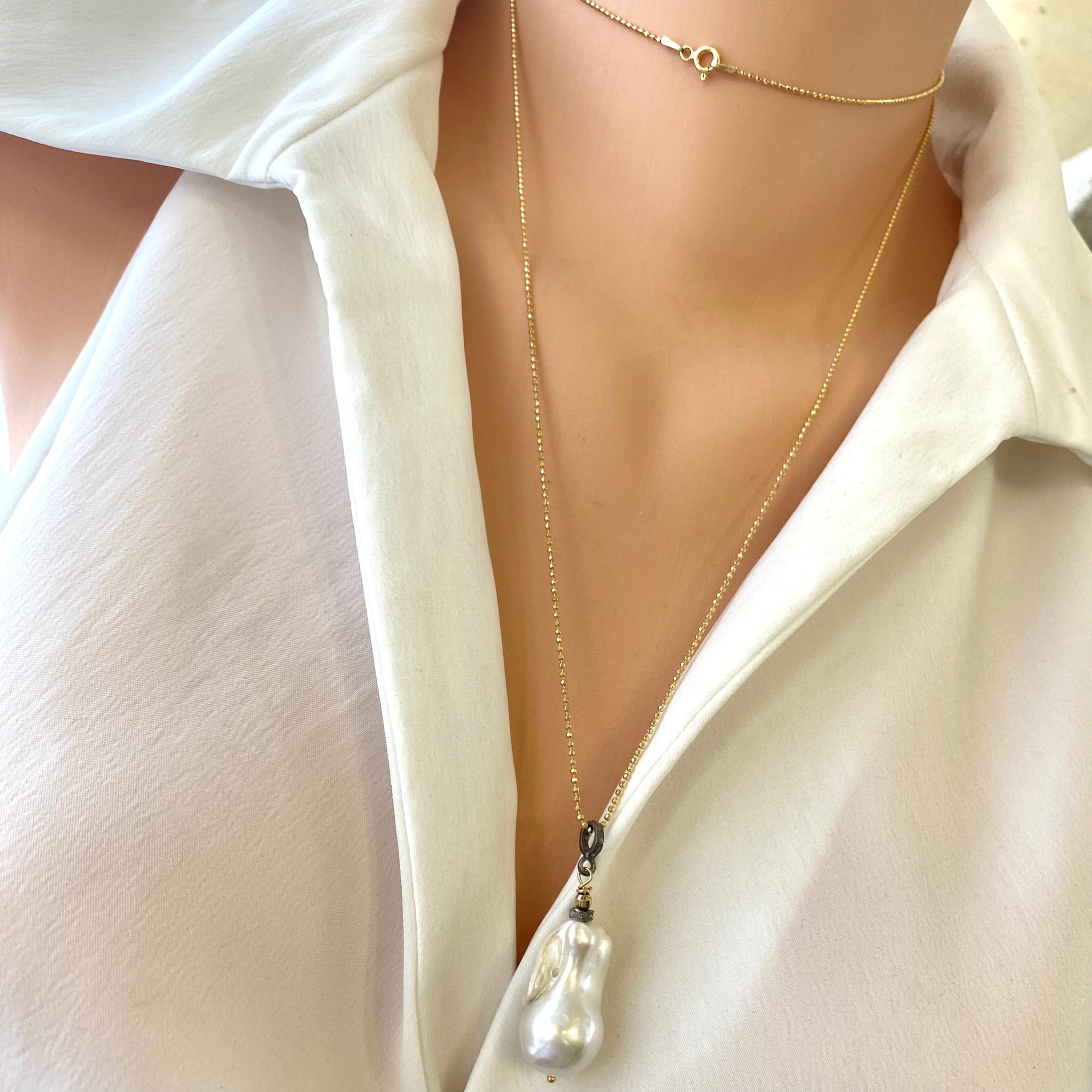Single Baroque Pearl & Diamonds pendant Necklace, Vermeil Ball Chain, 35