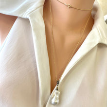 Cargar imagen en el visor de la galería, Single Baroque Pearl &amp; Diamonds pendant Necklace, Vermeil Ball Chain, 35&quot;inches
