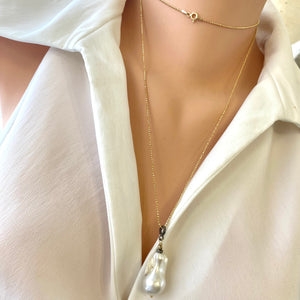 Single Baroque Pearl & Diamonds pendant Necklace, Vermeil Ball Chain, 35"inches