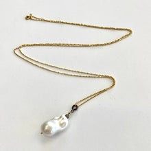 Cargar imagen en el visor de la galería, Single Baroque Pearl &amp; Diamonds pendant Necklace, Vermeil Ball Chain, 35&quot;inches
