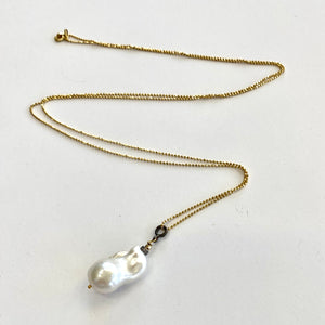 Single Baroque Pearl & Diamonds pendant Necklace, Vermeil Ball Chain, 35"inches