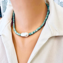 Charger l&#39;image dans la galerie, Fabulous greenish blue Amazonite faceted rondelle shape beads 5-6mm enhanced with a freshwater baroque pearl and finished with sterling silver marine closure. This necklace can make a perfect gift for March birthday ladies.
Measures 16,5&quot;inches approx. 42cm

