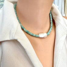 Charger l&#39;image dans la galerie, Fabulous greenish blue Amazonite faceted rondelle shape beads 5-6mm enhanced with a freshwater baroque pearl and finished with sterling silver marine closure. This necklace can make a perfect gift for March birthday ladies.
Measures 16,5&quot;inches approx. 42cm
