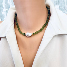Cargar imagen en el visor de la galería, Green Peridot Beaded Necklace with Large Baroque Pearl and Gold Plated Silver Details, 16.5&quot;inches, August Birthstone
