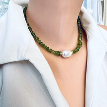 Cargar imagen en el visor de la galería, Green Peridot Beaded Necklace with Large Baroque Pearl and Gold Plated Silver Details, 16.5&quot;inches, August Birthstone
