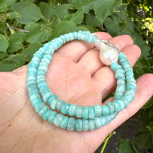 Charger l&#39;image dans la galerie, Fabulous greenish blue Amazonite faceted rondelle shape beads 5-6mm enhanced with a freshwater baroque pearl and finished with sterling silver marine closure. This necklace can make a perfect gift for March birthday ladies.
Measures 16,5&quot;inches approx. 42cm

