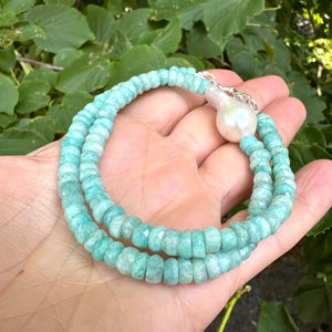 Fabulous greenish blue Amazonite faceted rondelle shape beads 5-6mm enhanced with a freshwater baroque pearl and finished with sterling silver marine closure. This necklace can make a perfect gift for March birthday ladies.
Measures 16,5"inches approx. 42cm