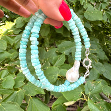 Charger l&#39;image dans la galerie, Fabulous greenish blue Amazonite faceted rondelle shape beads 5-6mm enhanced with a freshwater baroque pearl and finished with sterling silver marine closure. This necklace can make a perfect gift for March birthday ladies.
Measures 16,5&quot;inches approx. 42cm
