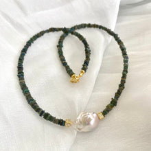 Cargar imagen en el visor de la galería, Ethiopian Black Opal and Baroque Pearl Necklace, Gold Vermeil Details, 17&quot;Inches
