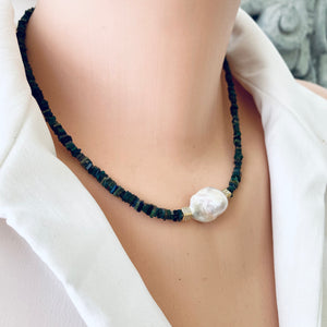 Black Ethiopian Opal and Baroque Pearl Necklace, Multi Fire Black Opal Heishi Square Beads, Gold Vermeil cube Accents adorning the centred  baroque pearl, 17"Inches long,October Birthstone gift for her