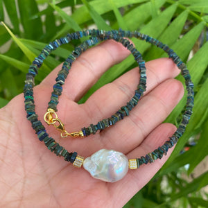 Black Ethiopian Opal and Baroque Pearl Necklace, Multi Fire Black Opal Heishi Square Beads, Gold Vermeil cube Accents adorning the centred  baroque pearl, 17"Inches long,October Birthstone gift for her